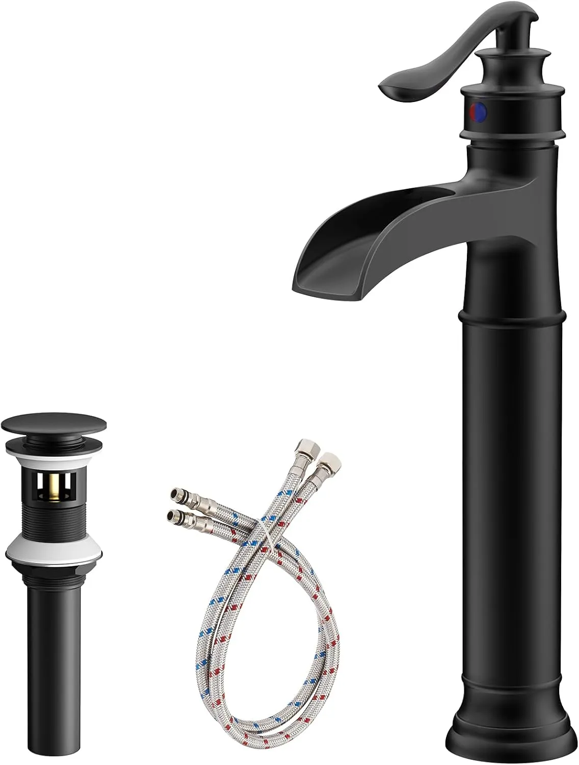Vessel Sink Faucet 1 Hole, Waterfall Single Handle Bathroom Faucet, Matte Black Tall Farmhouse Bathroom Faucets with Pop Up Drain Mixer Tap for Lavatory Modern Antique Washroom