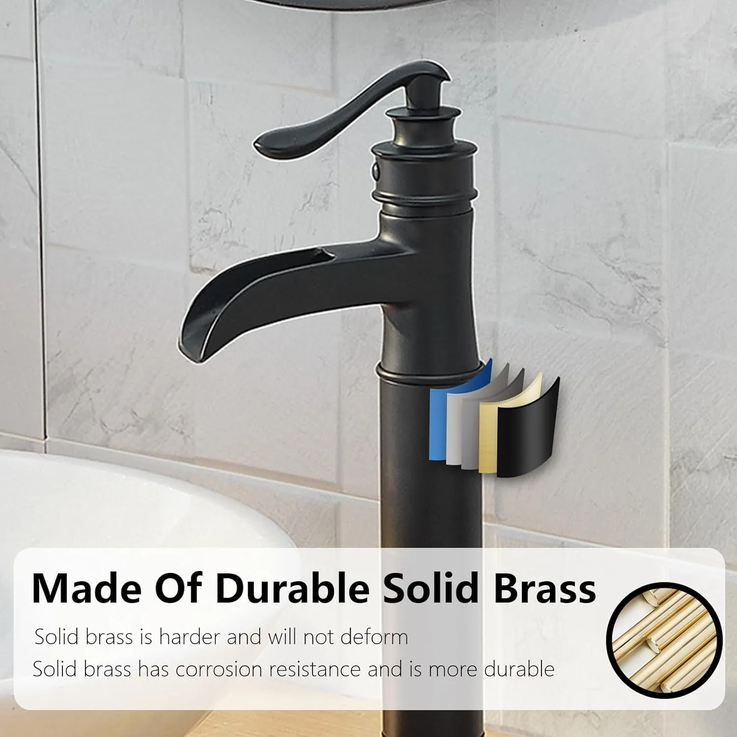 Vessel Sink Faucet 1 Hole, Waterfall Single Handle Bathroom Faucet, Matte Black Tall Farmhouse Bathroom Faucets with Pop Up Drain Mixer Tap for Lavatory Modern Antique Washroom