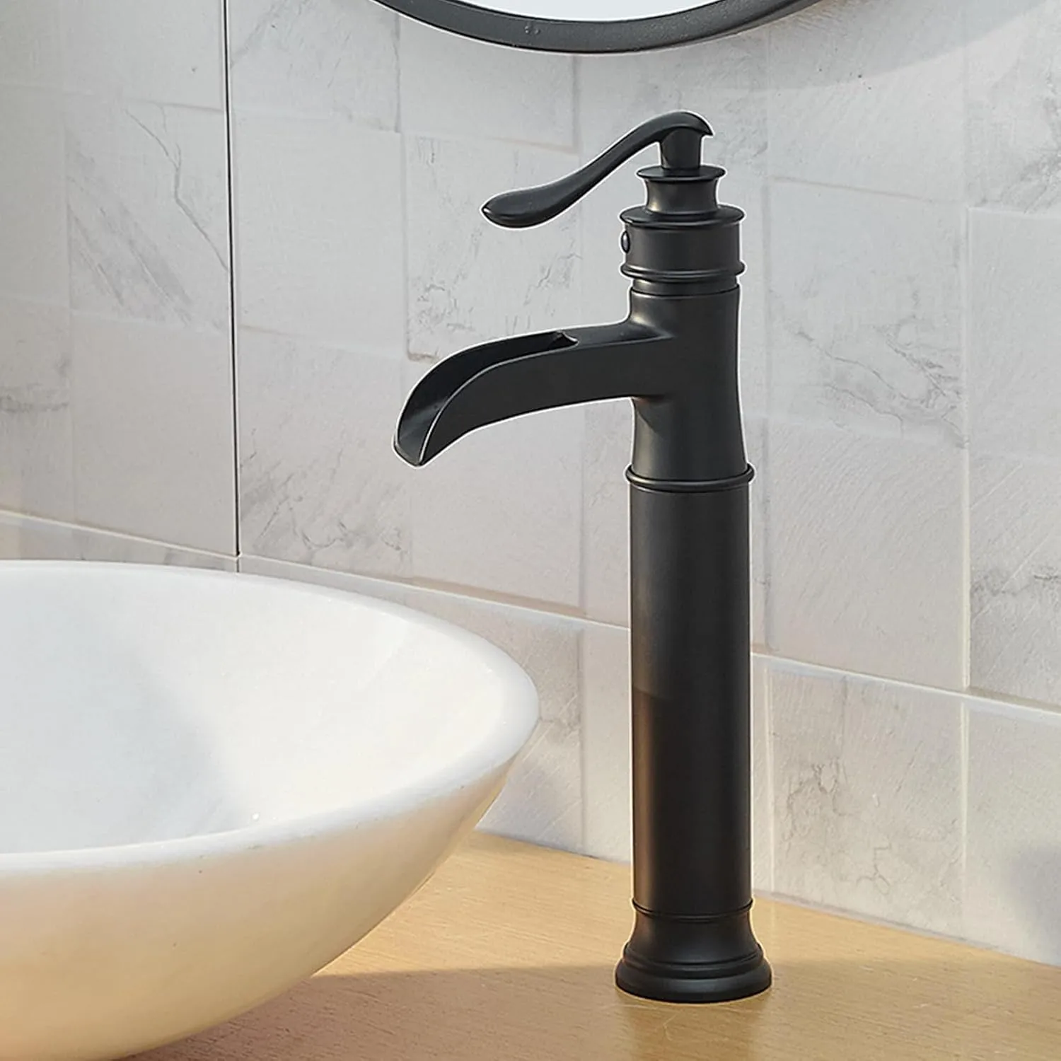 Vessel Sink Faucet 1 Hole, Waterfall Single Handle Bathroom Faucet, Matte Black Tall Farmhouse Bathroom Faucets with Pop Up Drain Mixer Tap for Lavatory Modern Antique Washroom