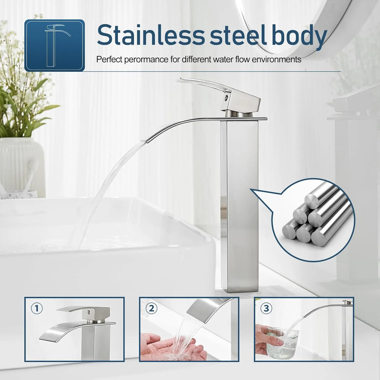 Vessel Sink Faucet Brushed Nickel Bathroom Faucets Tall Waterfall Bathroom Bowl Sink Faucet Rv Lavatory Faucet with Supply Hose and Pop Up Drain