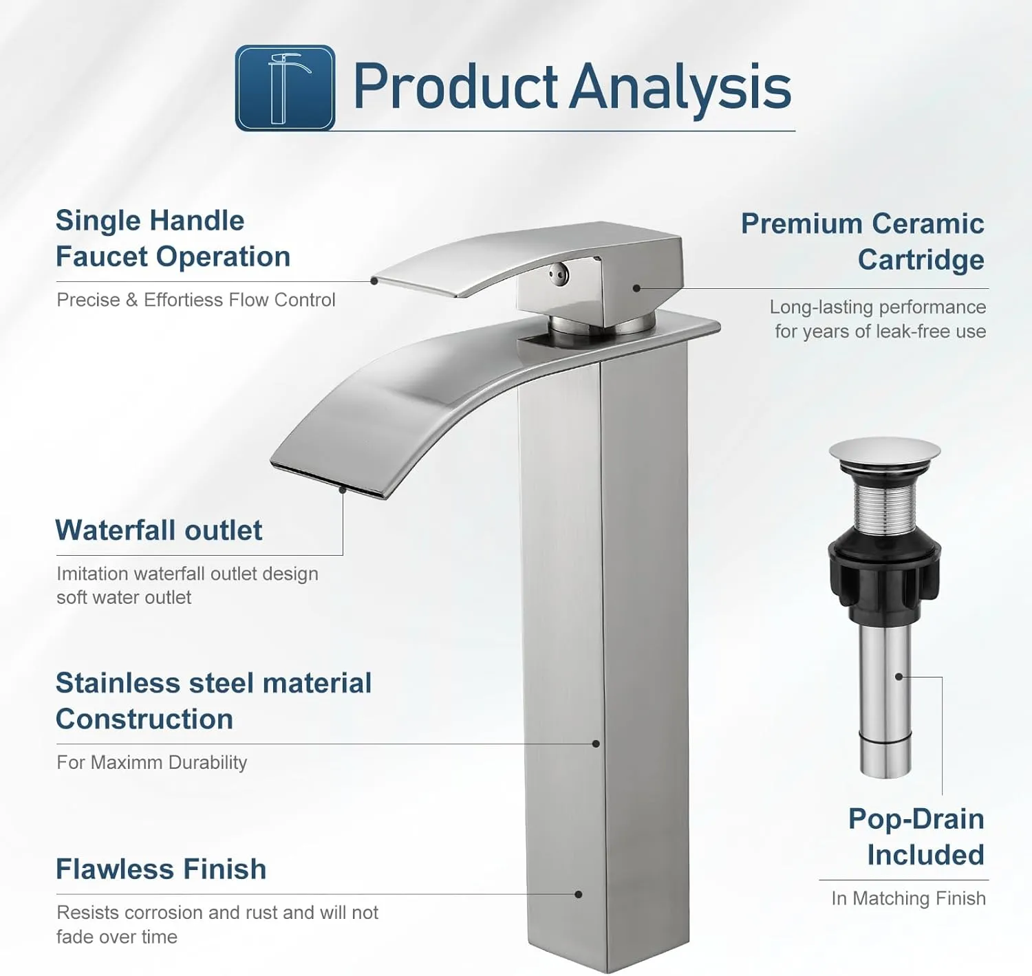 Vessel Sink Faucet Brushed Nickel Bathroom Faucets Tall Waterfall Bathroom Bowl Sink Faucet Rv Lavatory Faucet with Supply Hose and Pop Up Drain