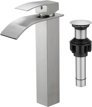 Vessel Sink Faucet Brushed Nickel Bathroom Faucets Tall Waterfall Bathroom Bowl Sink Faucet Rv Lavatory Faucet with Supply Hose and Pop Up Drain