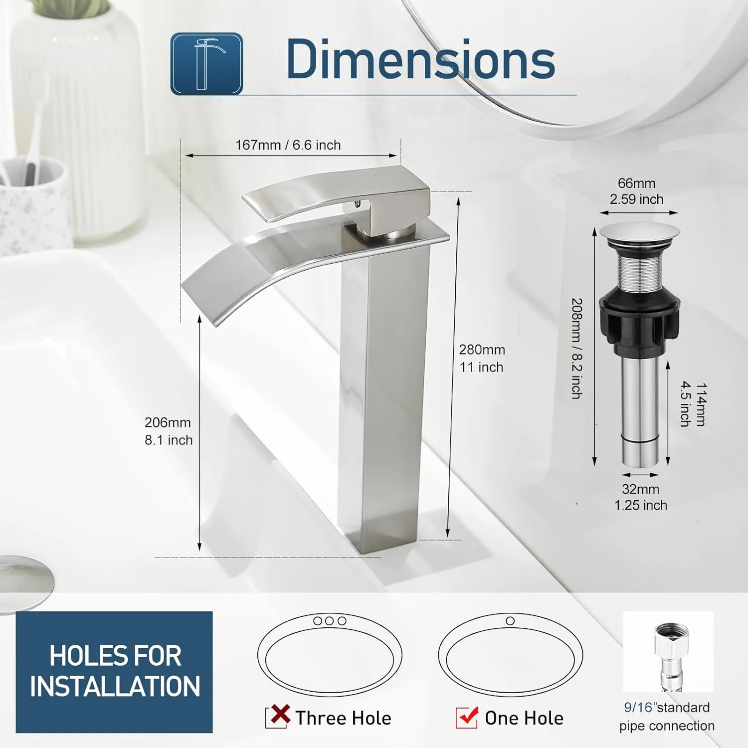 Vessel Sink Faucet Brushed Nickel Bathroom Faucets Tall Waterfall Bathroom Bowl Sink Faucet Rv Lavatory Faucet with Supply Hose and Pop Up Drain