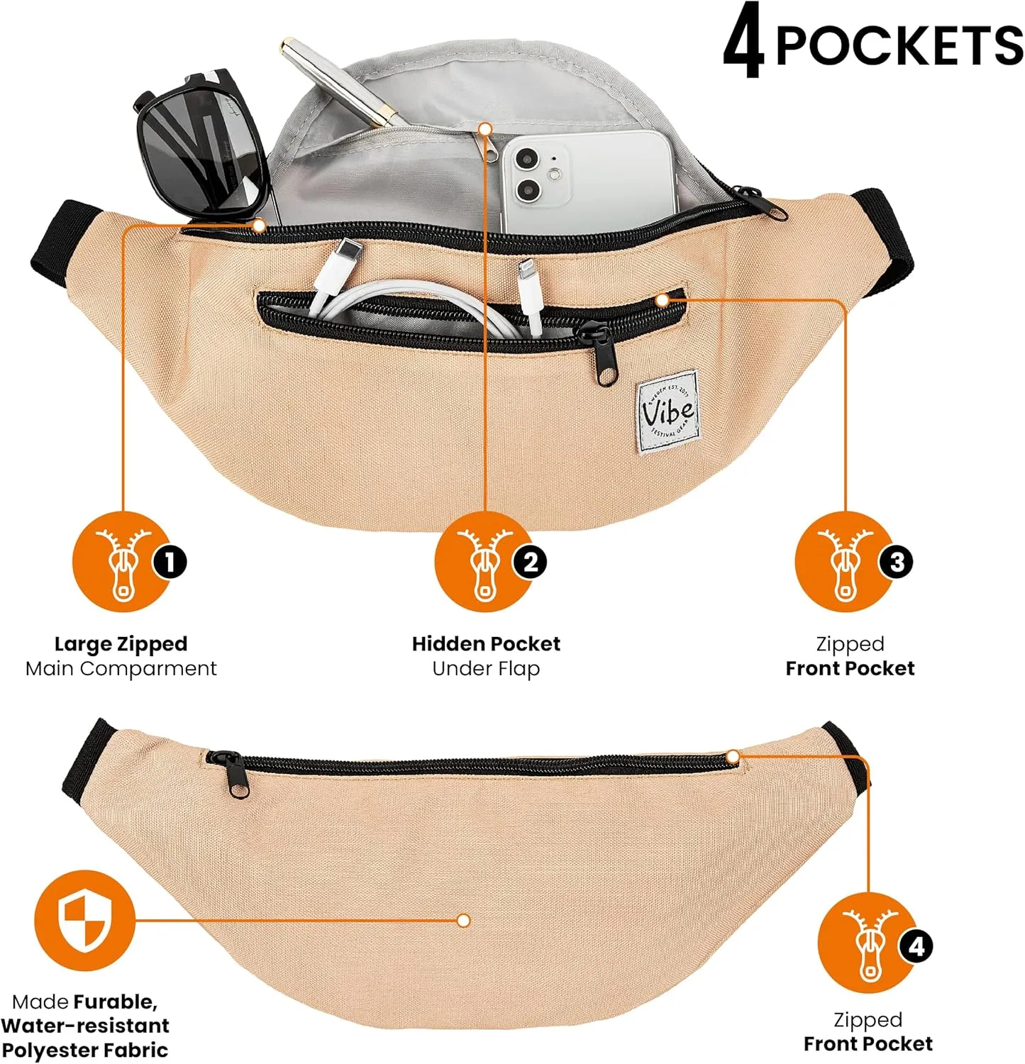 Vibe Festival Gear Fanny Pack for Men Women - Many Prints - Black Holographic Silver Gold Cute Waist Bag for Festival Rave Hiking Running Cycling