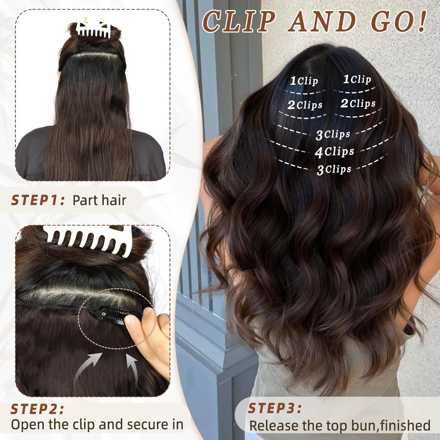 Vigorous Clip in Hair Extensions 7Pcs Brown Mix Blonde Hair Extension 20Inch Long Wavy Soft Synthetic Hairpieces for Women