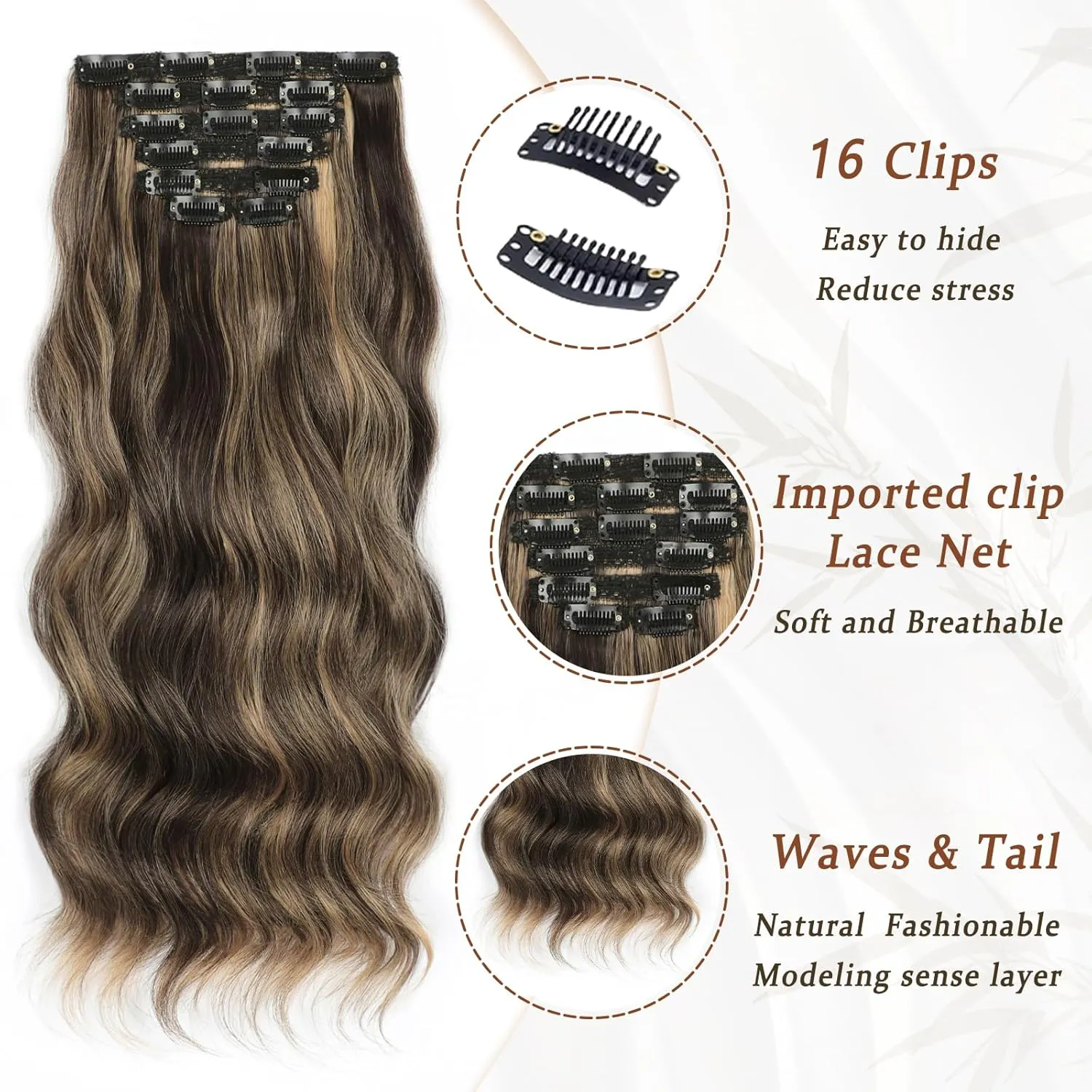 Vigorous Clip in Hair Extensions 7Pcs Brown Mix Blonde Hair Extension 20Inch Long Wavy Soft Synthetic Hairpieces for Women