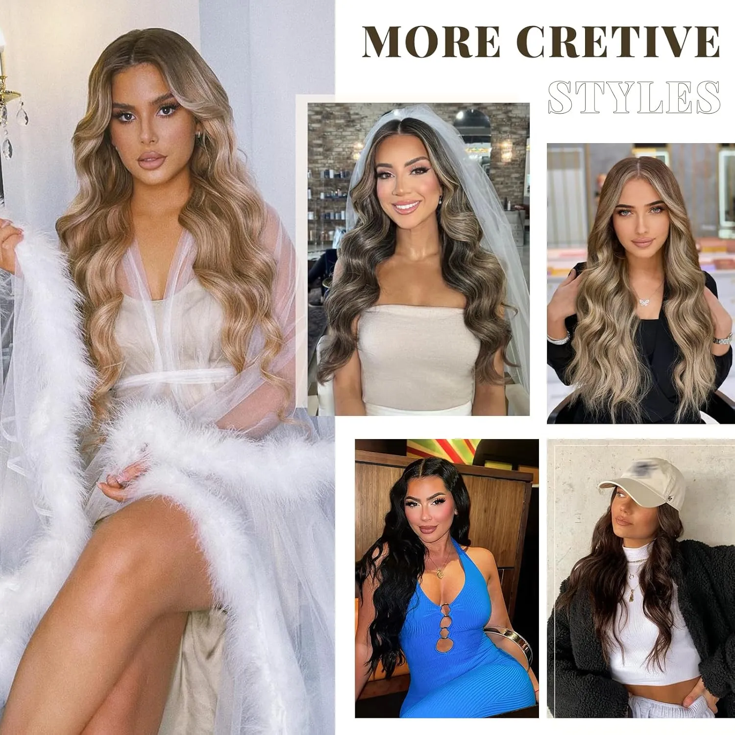 Vigorous Clip in Hair Extensions 7Pcs Brown Mix Blonde Hair Extension 20Inch Long Wavy Soft Synthetic Hairpieces for Women