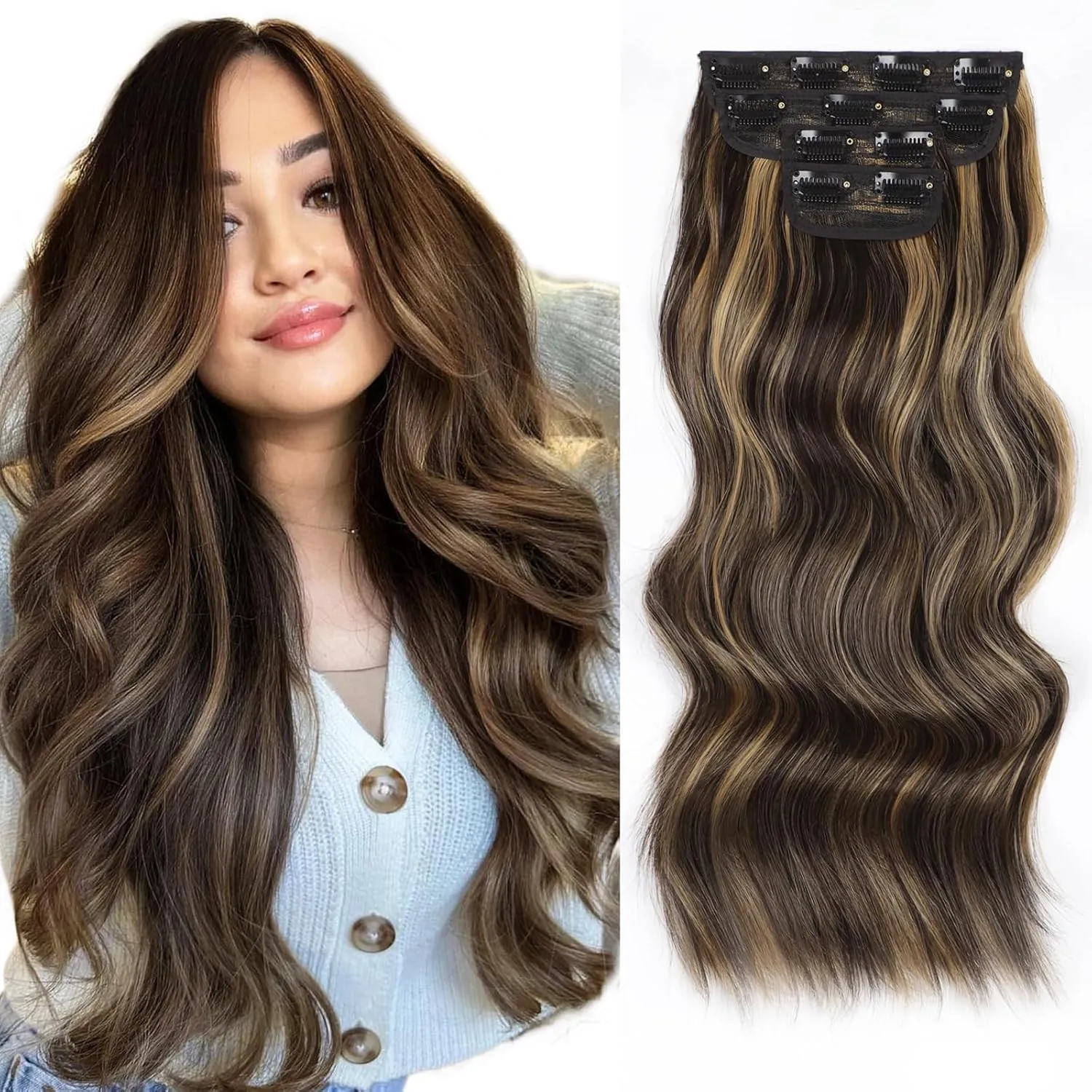 Vigorous Clip in Hair Extensions 7Pcs Brown Mix Blonde Hair Extension 20Inch Long Wavy Soft Synthetic Hairpieces for Women