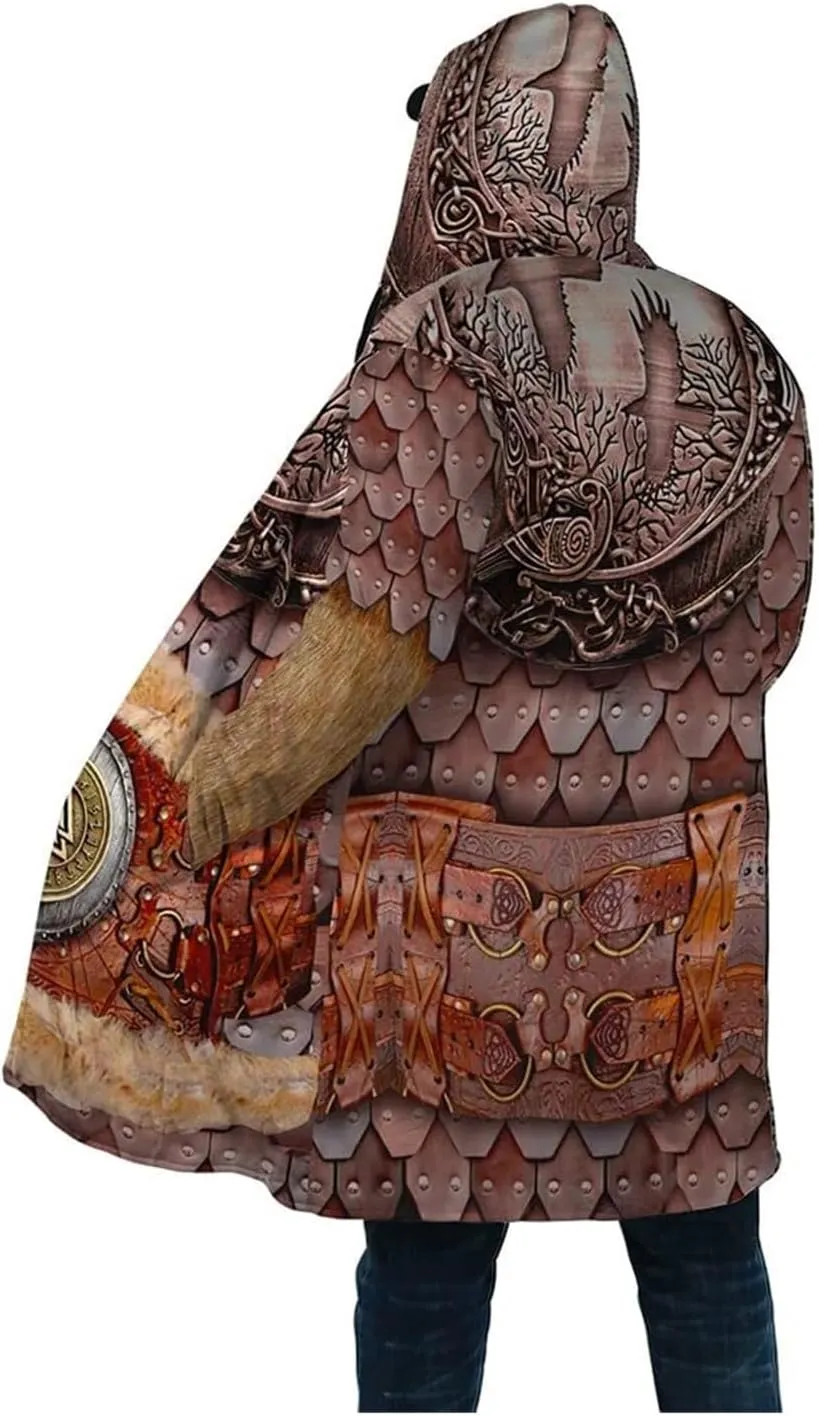 Viking Men's Winter Warm Robe, Valhalla Warrior Armor, 3D Printed Tattoo Winter Warm Coat Parka, Horn Button Design