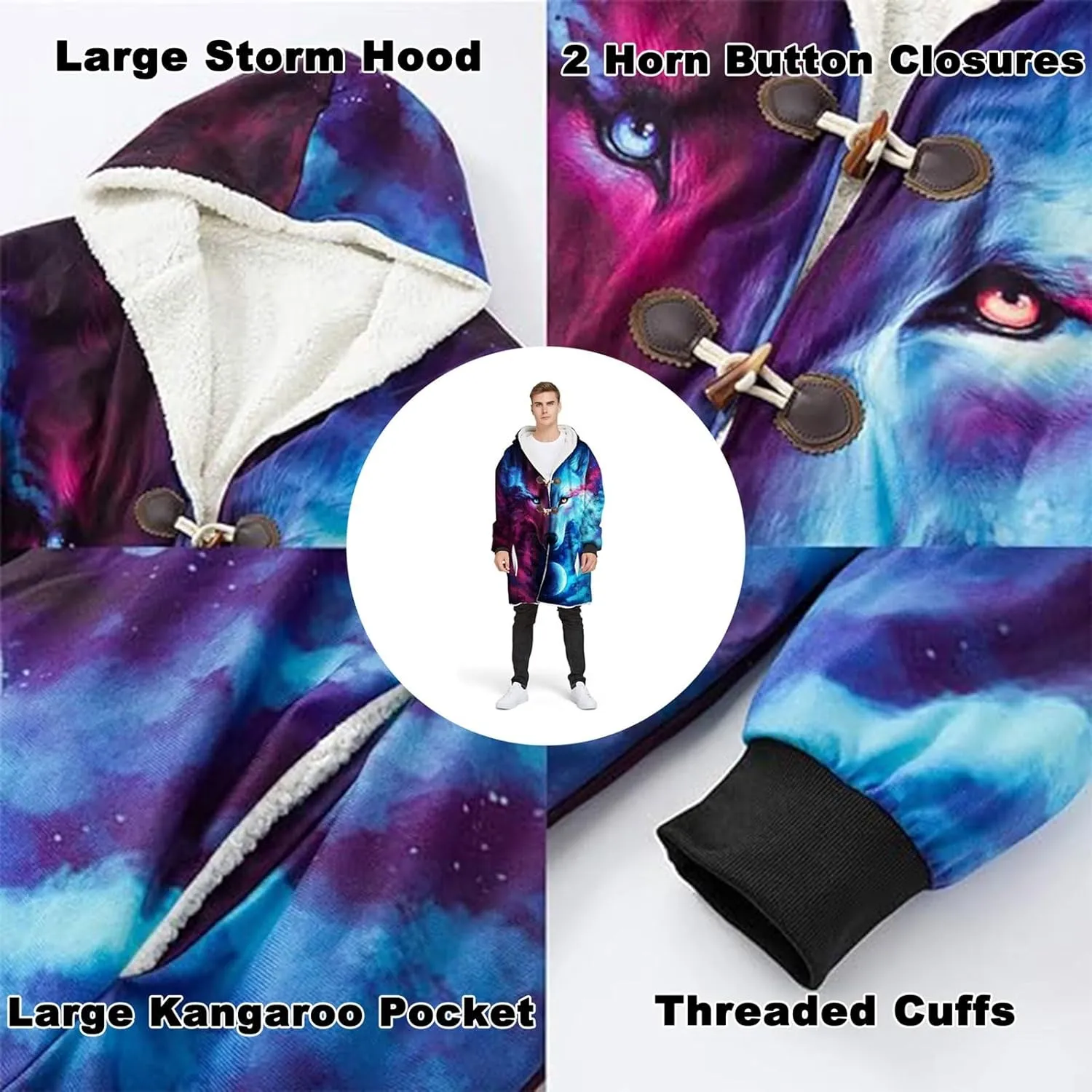 Viking Men's Winter Warm Robe, Valhalla Warrior Armor, 3D Printed Tattoo Winter Warm Coat Parka, Horn Button Design