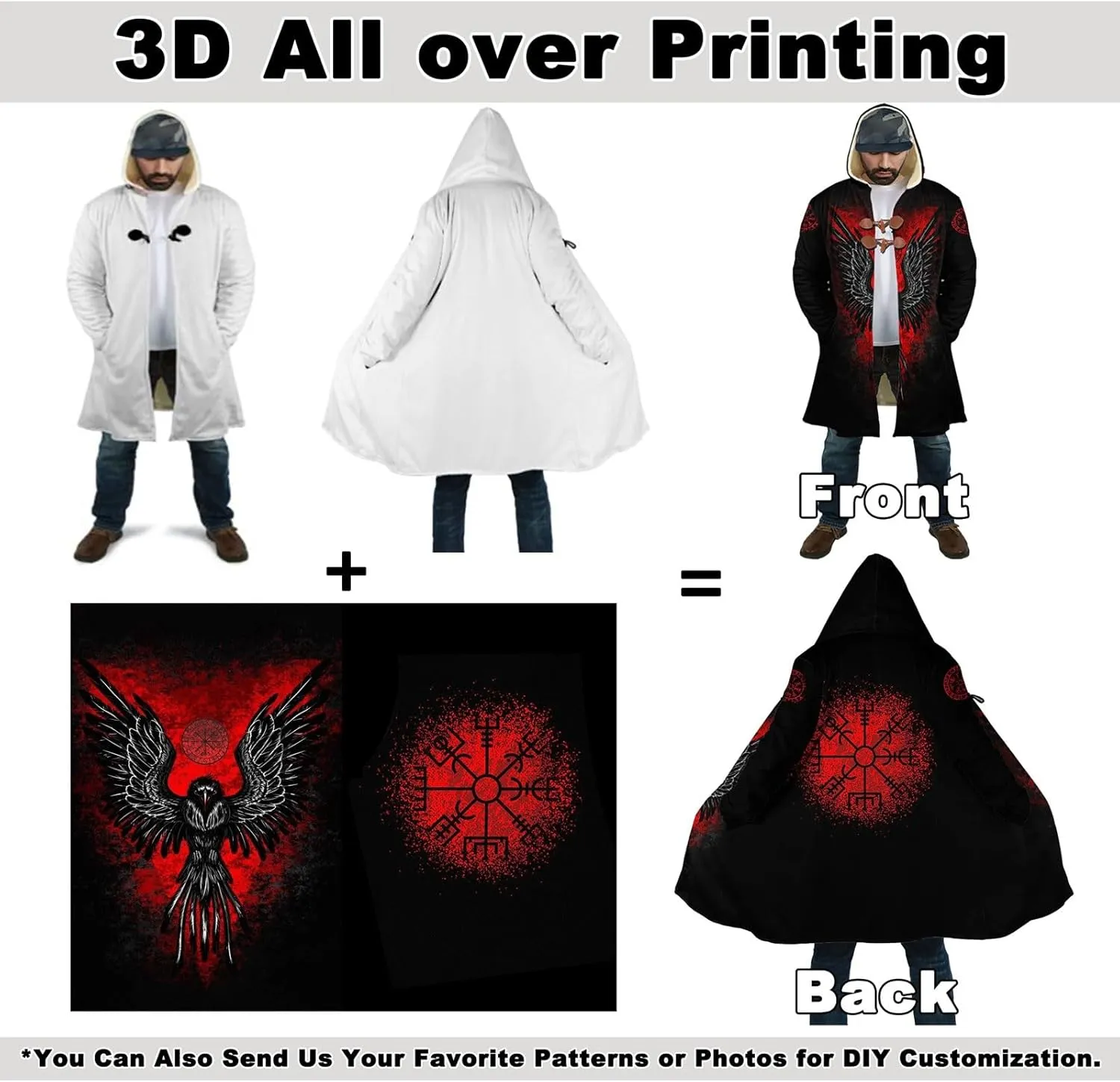 Viking Men's Winter Warm Robe, Valhalla Warrior Armor, 3D Printed Tattoo Winter Warm Coat Parka, Horn Button Design