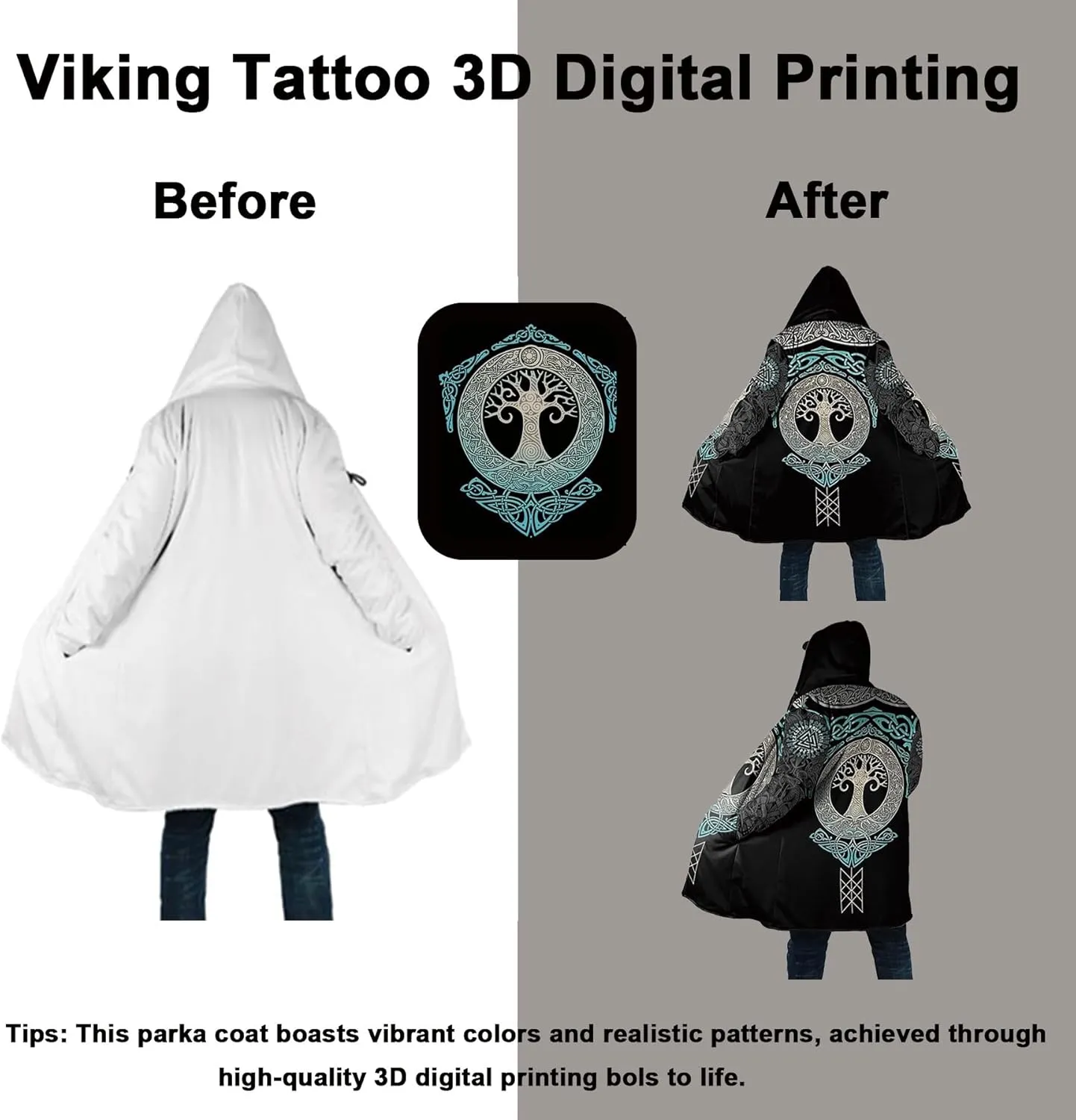 Vikings Odin Men's Winter Warm Faux Cashmere Coat 3D Printed Berserker Hooded Cloak Cosplay Jacket Casual Parka
