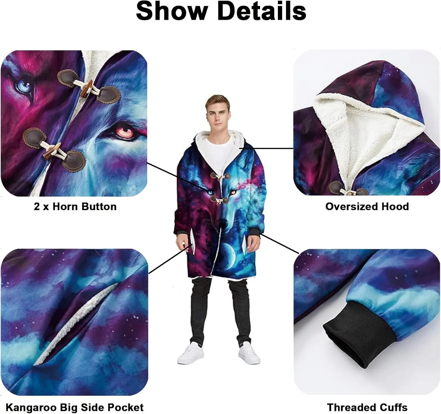 Vikings Odin Men's Winter Warm Faux Cashmere Coat 3D Printed Berserker Hooded Cloak Cosplay Jacket Casual Parka