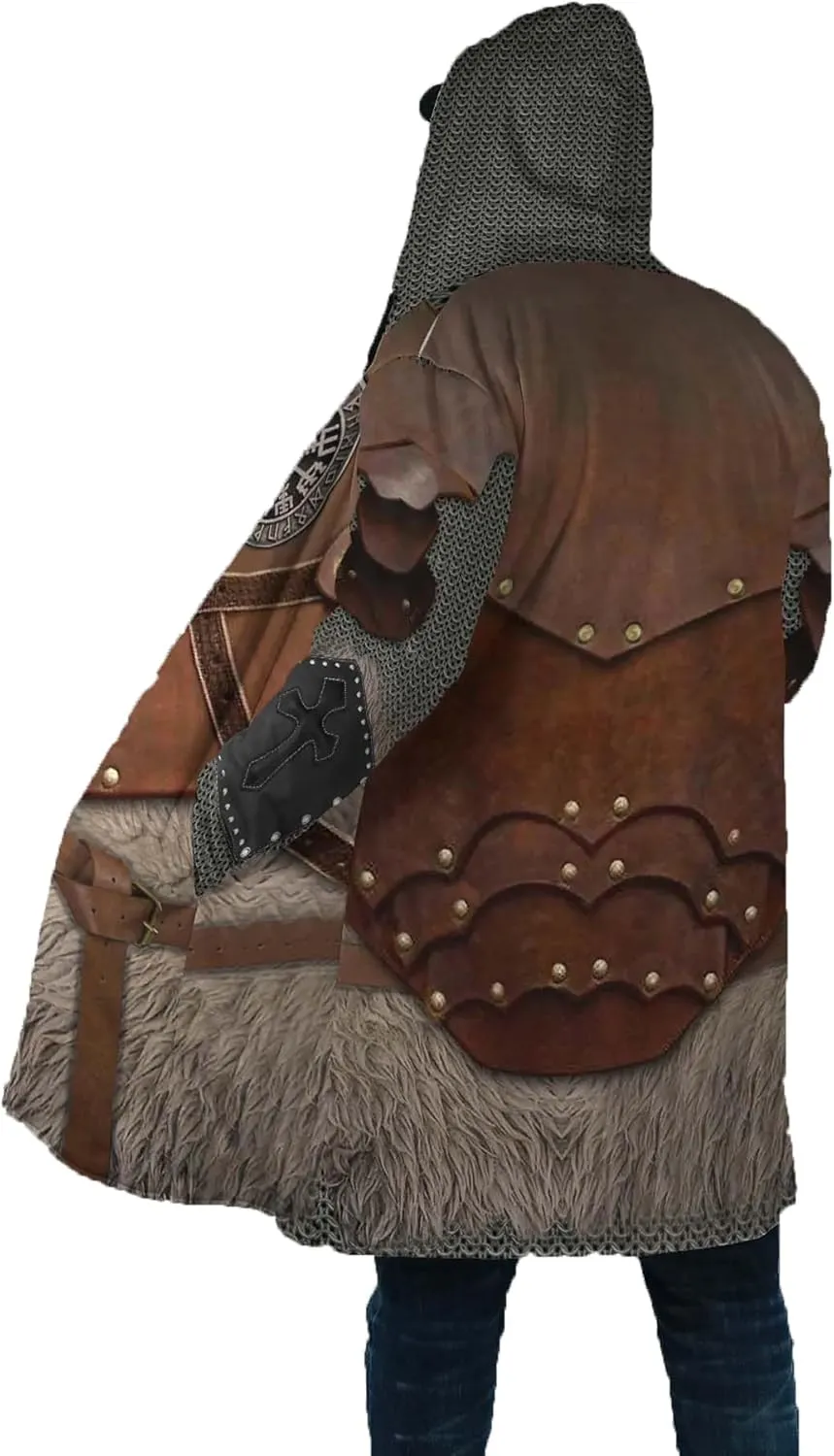 Vikings Odin Men's Winter Warm Faux Cashmere Coat 3D Printed Berserker Hooded Cloak Cosplay Jacket Casual Parka
