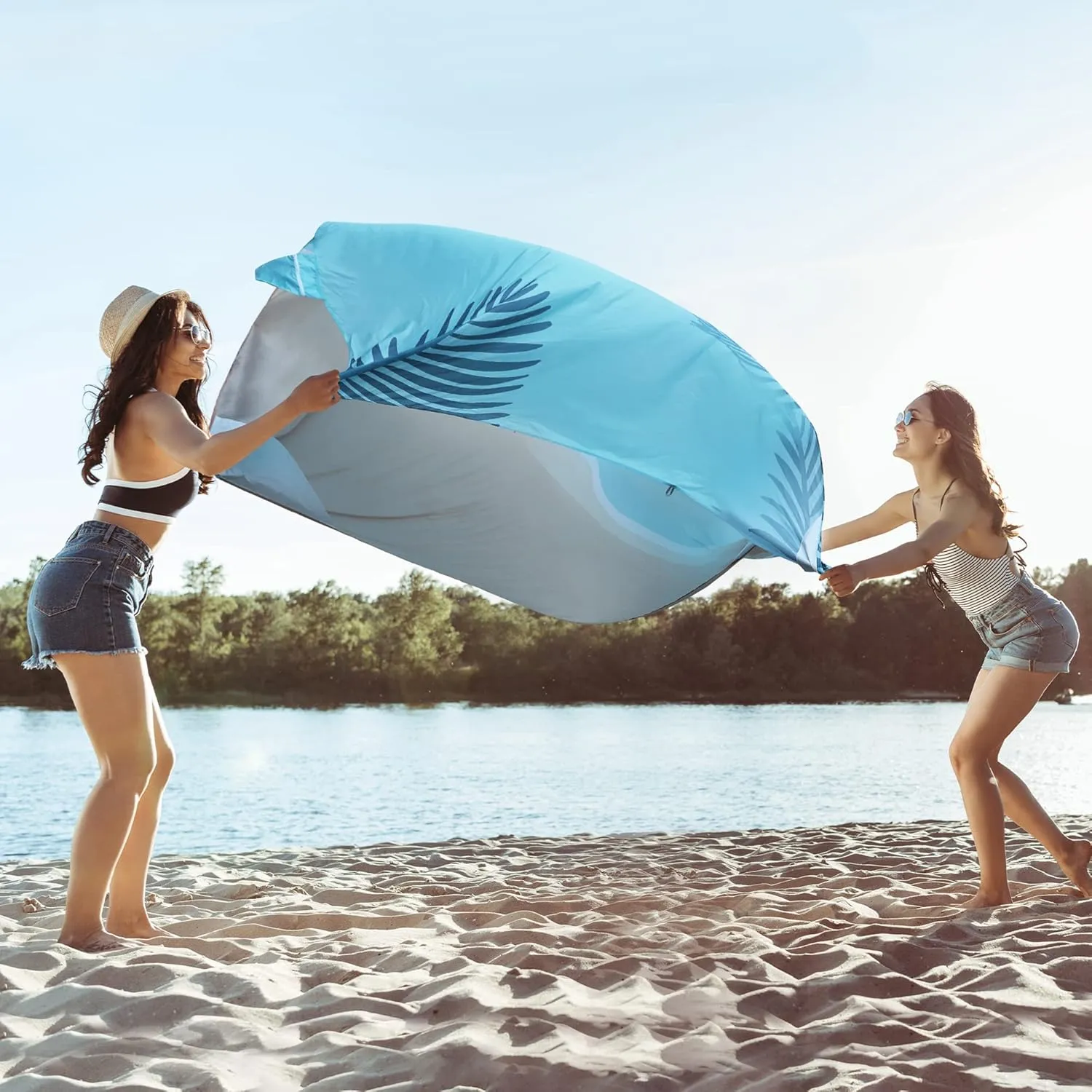 VILLEY Beach Blanket Waterproof Sandproof, Extra Large Beach Mat 60"x56" / 128"x108" for 1-8 Adults, Beach Blanket with 4/8 Stakes & 4 Corner Pockets, Outdoor Beach Accessories for Travel, Camping
