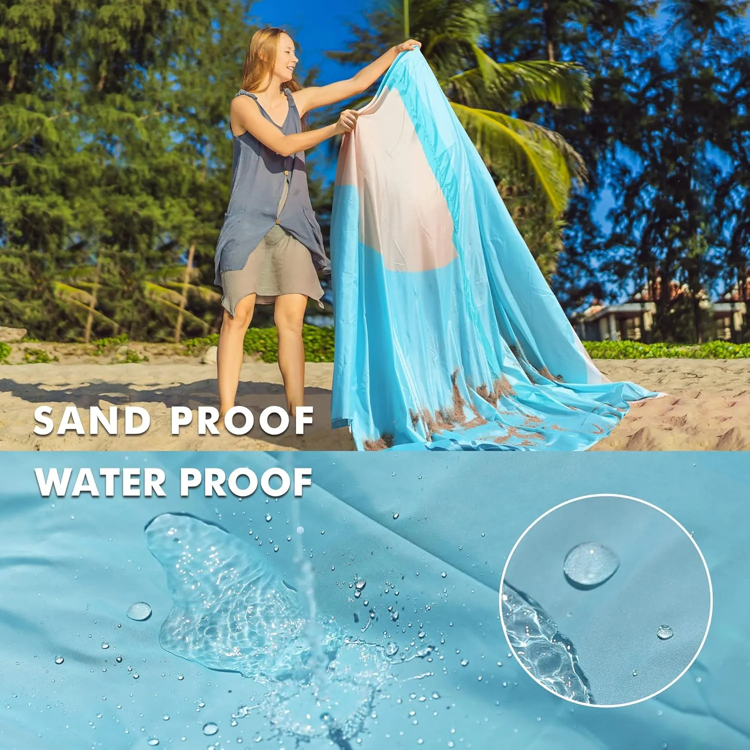 VILLEY Beach Blanket Waterproof Sandproof, Extra Large Beach Mat 60"x56" / 128"x108" for 1-8 Adults, Beach Blanket with 4/8 Stakes & 4 Corner Pockets, Outdoor Beach Accessories for Travel, Camping