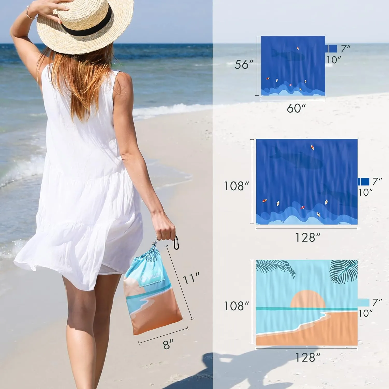 VILLEY Beach Blanket Waterproof Sandproof, Extra Large Beach Mat 60"x56" / 128"x108" for 1-8 Adults, Beach Blanket with 4/8 Stakes & 4 Corner Pockets, Outdoor Beach Accessories for Travel, Camping