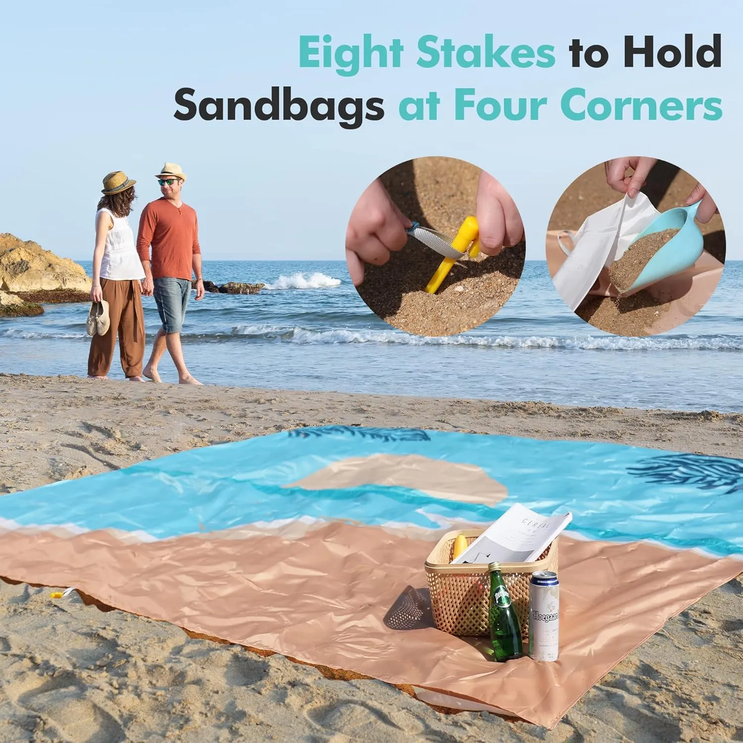 VILLEY Beach Blanket Waterproof Sandproof, Extra Large Beach Mat 60"x56" / 128"x108" for 1-8 Adults, Beach Blanket with 4/8 Stakes & 4 Corner Pockets, Outdoor Beach Accessories for Travel, Camping