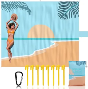 VILLEY Beach Blanket Waterproof Sandproof, Extra Large Beach Mat 60"x56" / 128"x108" for 1-8 Adults, Beach Blanket with 4/8 Stakes & 4 Corner Pockets, Outdoor Beach Accessories for Travel, Camping