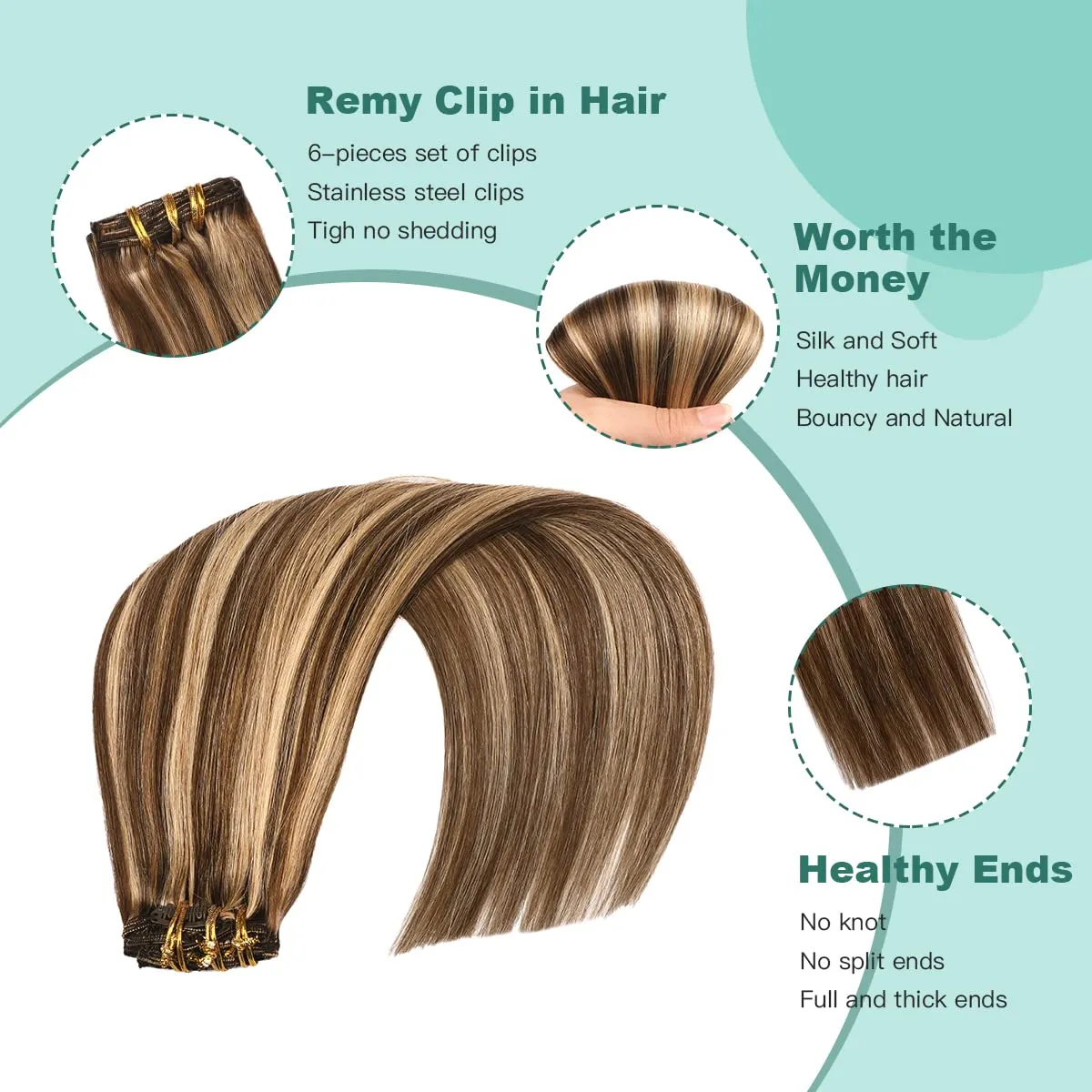 VINBAO Clip in Human Hair Balayage Mixed Color 4 Chocolate Brown to Highlighted 27 Dark Blonde Hair Extensions For Women 6 Pcs 16 inch 100g
