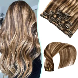 VINBAO Clip in Human Hair Balayage Mixed Color 4 Chocolate Brown to Highlighted 27 Dark Blonde Hair Extensions For Women 6 Pcs 16 inch 100g