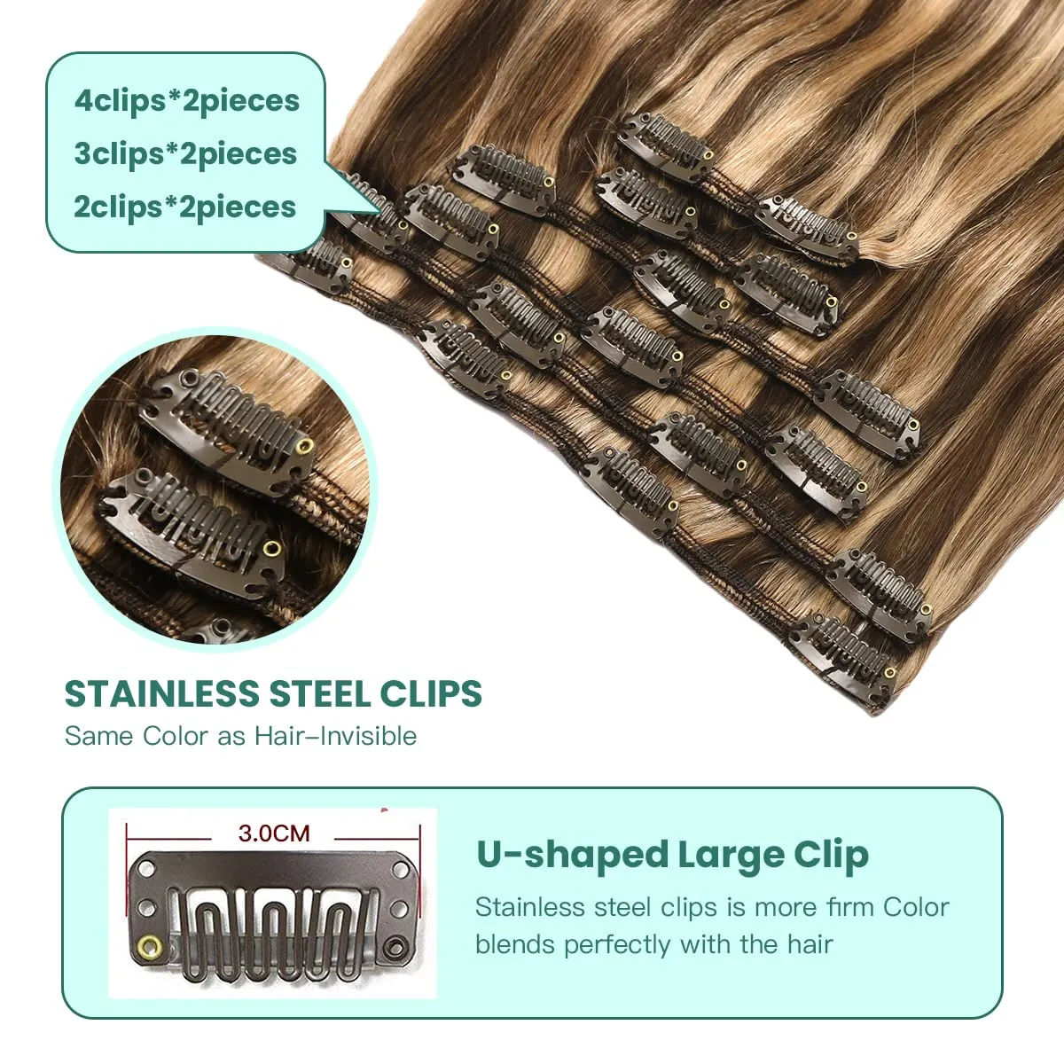 VINBAO Clip in Human Hair Balayage Mixed Color 4 Chocolate Brown to Highlighted 27 Dark Blonde Hair Extensions For Women 6 Pcs 16 inch 100g