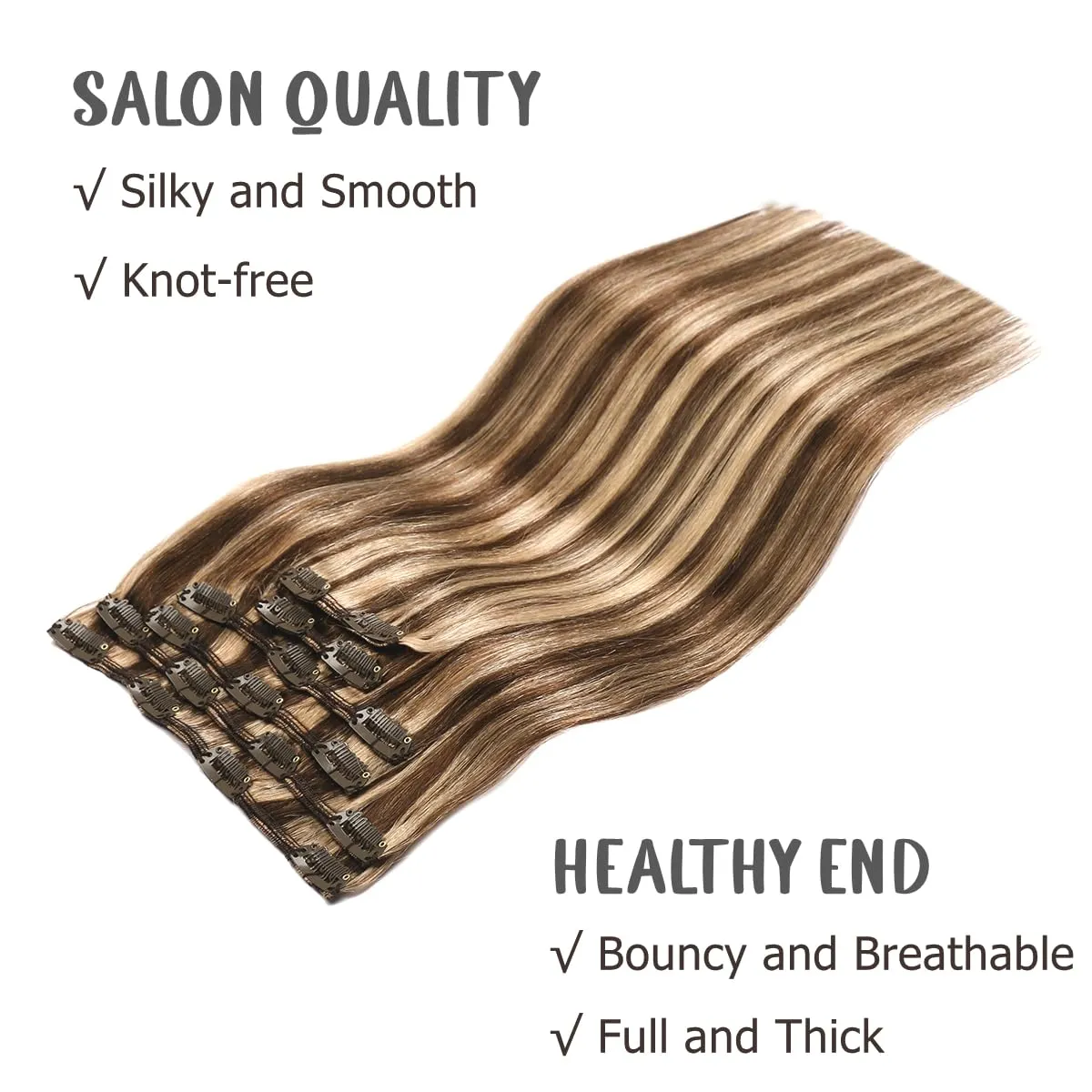 VINBAO Clip in Human Hair Balayage Mixed Color 4 Chocolate Brown to Highlighted 27 Dark Blonde Hair Extensions For Women 6 Pcs 16 inch 100g