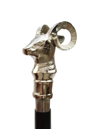 Vintage Engraved Rams Head Walking Cane - Premium Wooden Handmade Foldable Steampunk Walking Stick With Silver Brass Goat Head Handle - Victorian Designer Walking Stick For Senior/Men/Women.