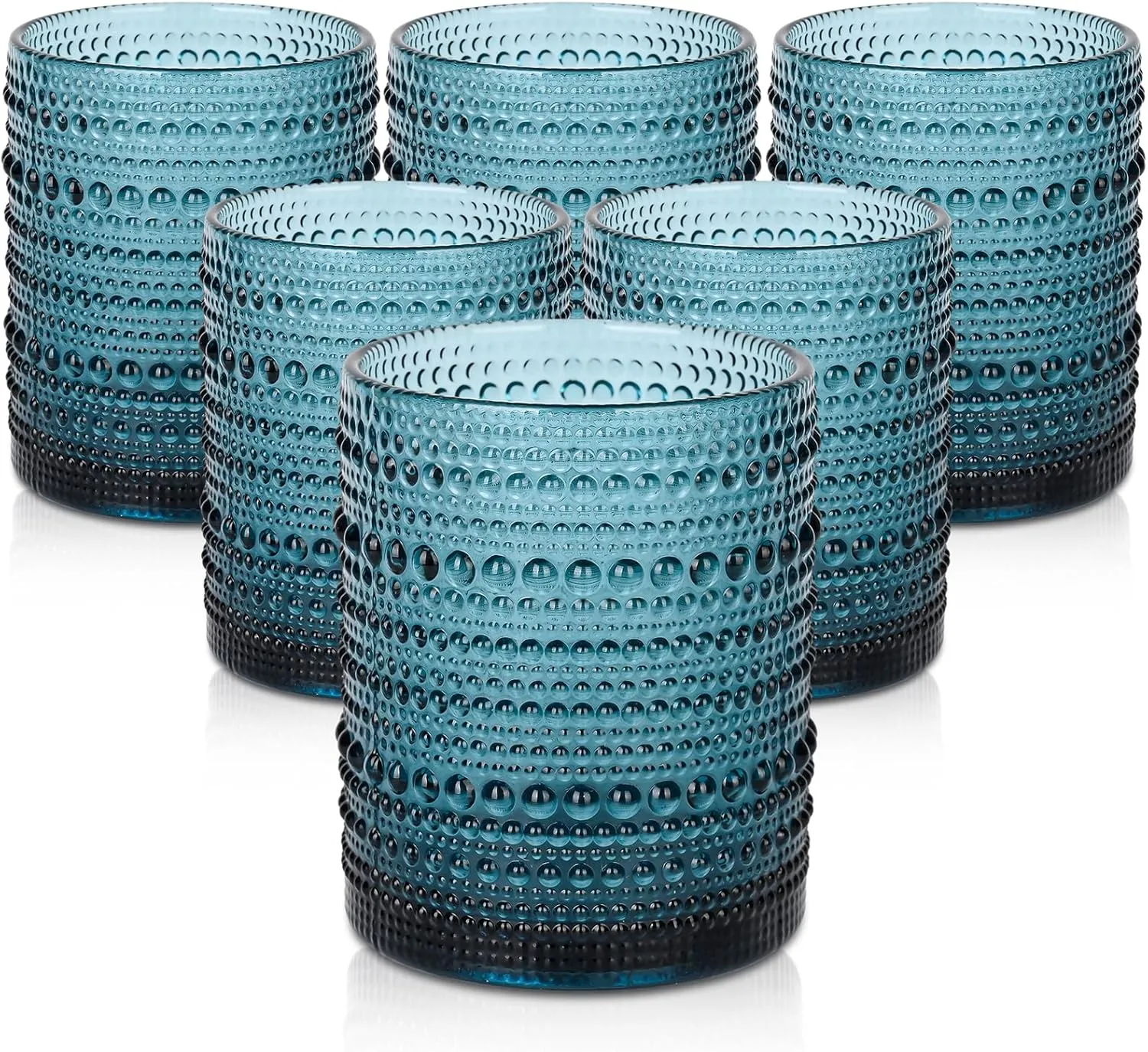 Vintage Glassware Drinking Glasses Set of 6,12 oz Hobnail Glass Cups,Embossed Blue Water Tumbler,for Beer,Cocktail,Whiskey,Juice and Various Mixed Drinks- 1 Cleaning Brush