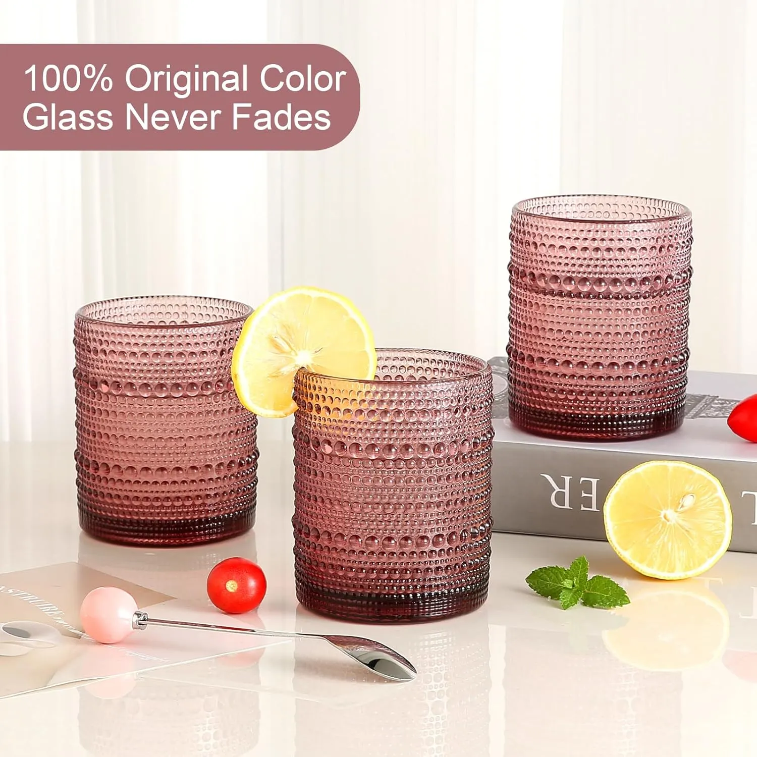 Vintage Glassware Drinking Glasses Set of 6,12 oz Hobnail Glass Cups,Embossed Purple Water Tumbler,for Beer,Cocktail,Whiskey,Juice and Various Mixed Drinks- 1 Cleaning Brush