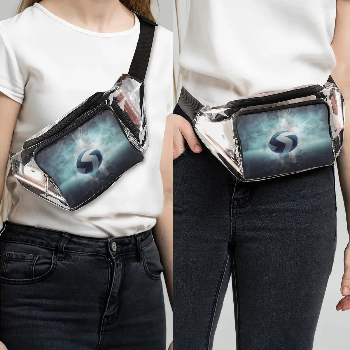 Volleyball Ball Print Clear Fanny Pack Clear Waist Bag with Adjustable Strap Waterproof Transparent Belt Bag Crossbody Bags for Hiking Concerts Travel