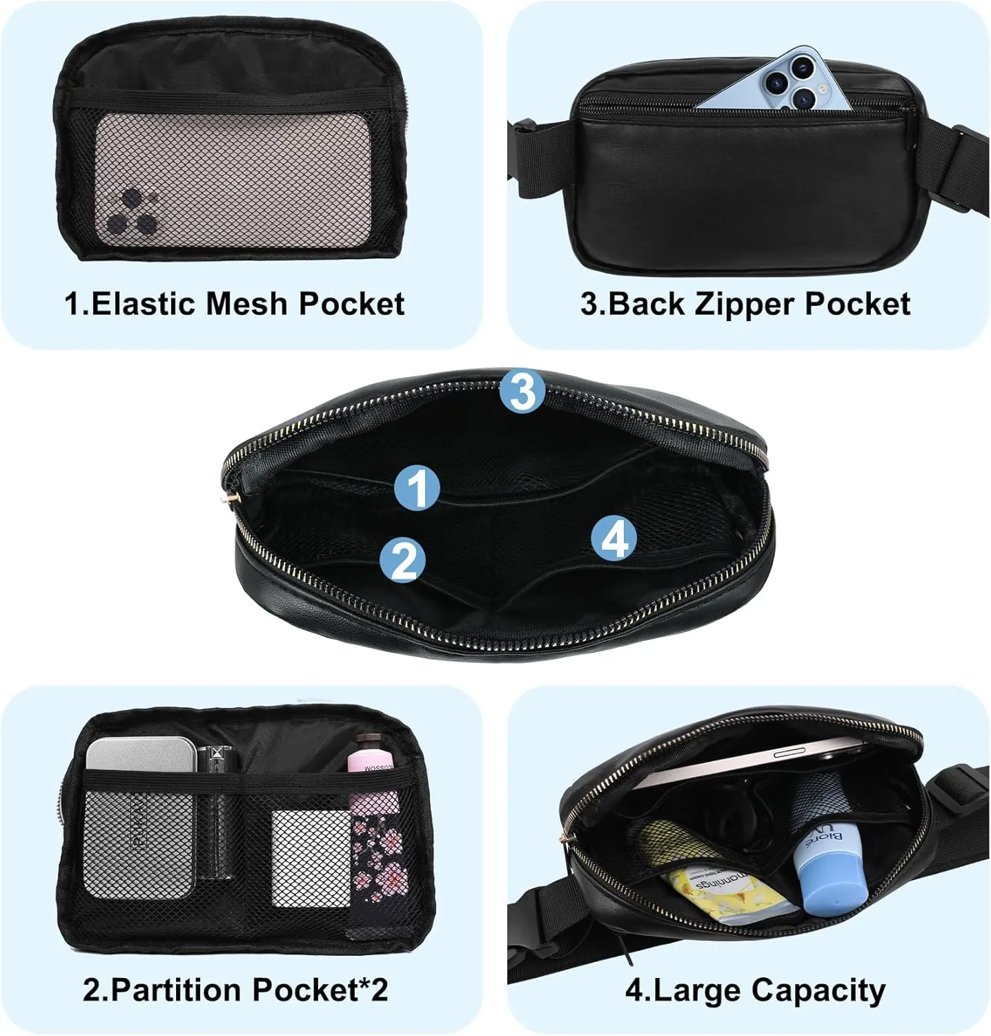 VOROLO Fanny Pack For Women And Men Crossbody Bag Belt Bag with Adjustable Strap Graduation Gifts PU Black