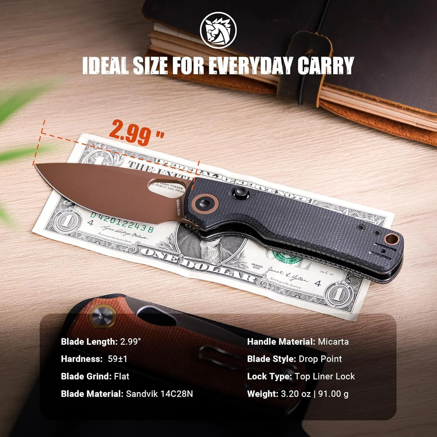 Vosteed Porcupine - EDC Pocket Knife, 2.99’’ 14C28N Steel Rose Gold Blade, Top Liner Lock Micarta Handle - Lightweight Folding knives with Clip for Men & Women Camping Outdoor-A2602