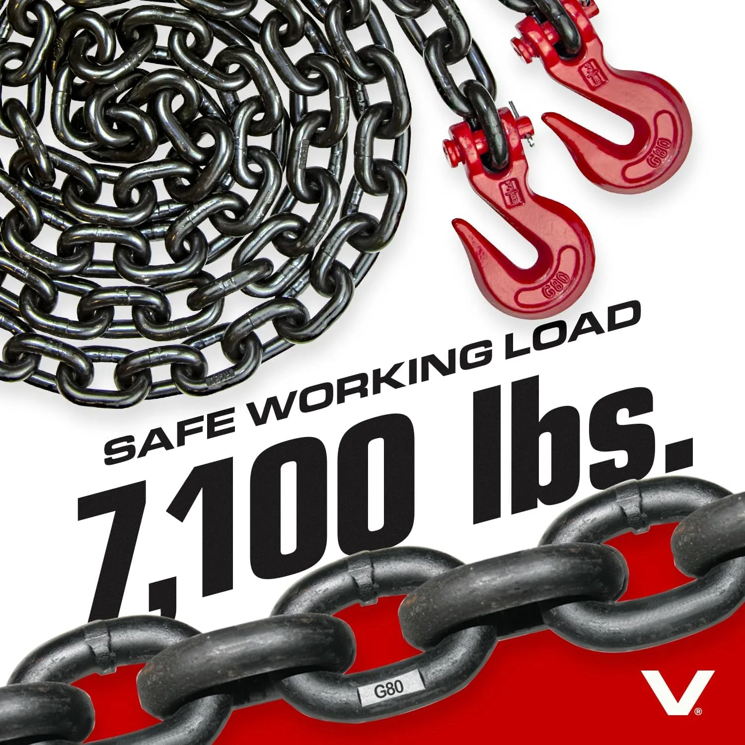 VULCAN Binder/Safety Chain with Clevis Grab Hooks - Grade 80-3/8 Inch x 10 Foot - 7,100 Pound Safe Working Load