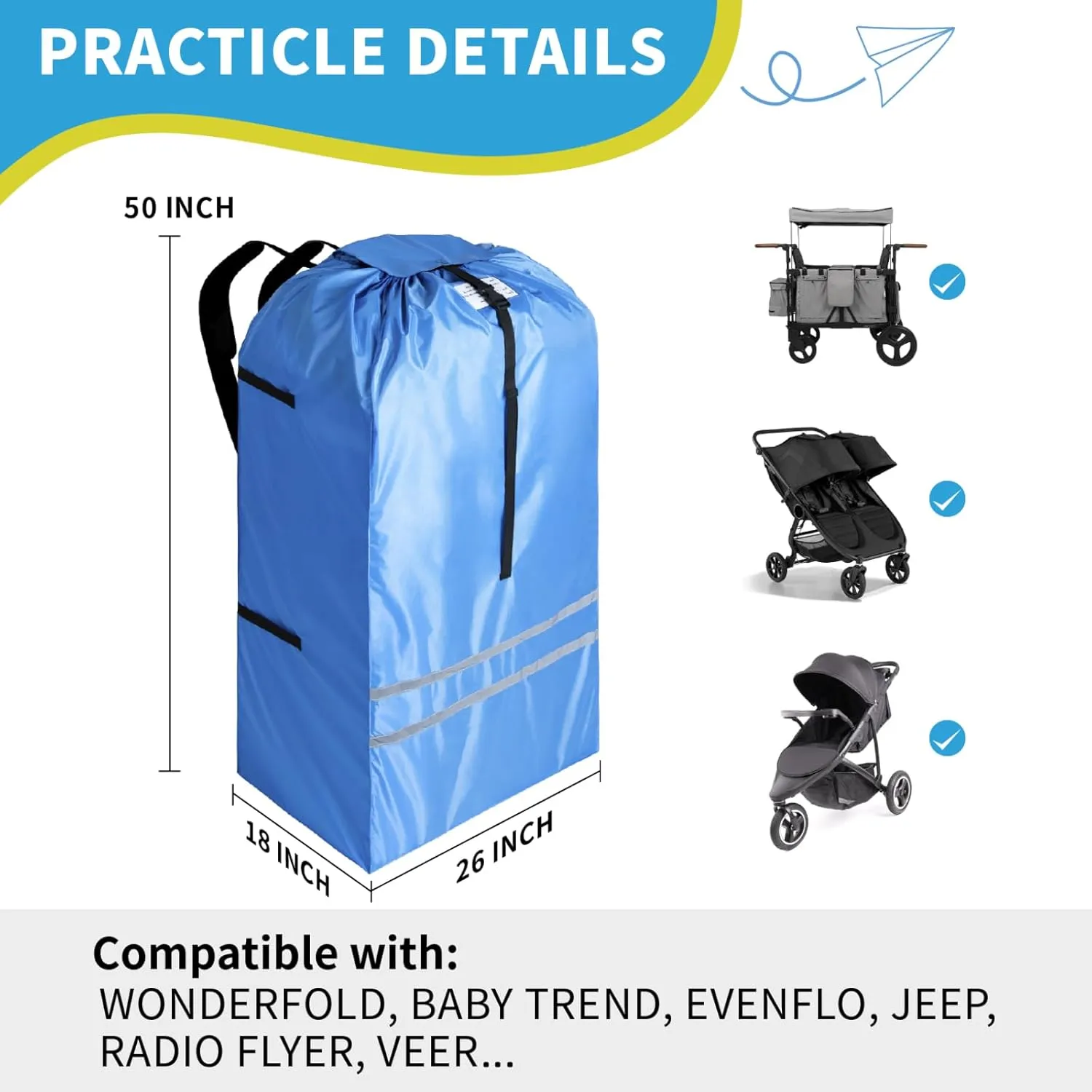 Wagon Stroller Travel Bag for Airplane,Gate Check Stroller Bag Compatible with WONDERFOLD,BABY TREND,EVENFLO,JEEP,RADIO FLYER,VEER,Double Stroller Travel Bag,Jogging Stroller Bag