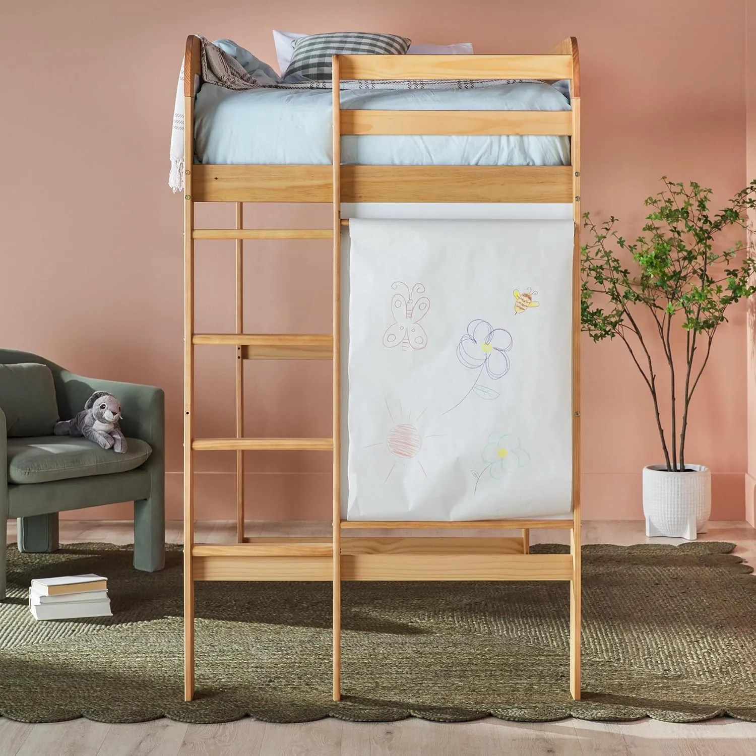 Walker Edison Adyn Kids Twin Solid Wood Loft Bed, Built-in Ladder and White Board, No Box Spring Required, Natural Pine