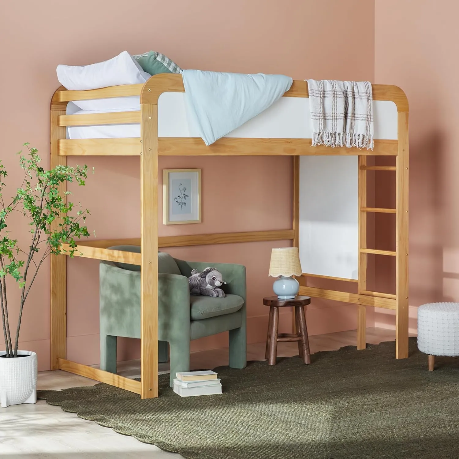 Walker Edison Adyn Kids Twin Solid Wood Loft Bed, Built-in Ladder and White Board, No Box Spring Required, Natural Pine