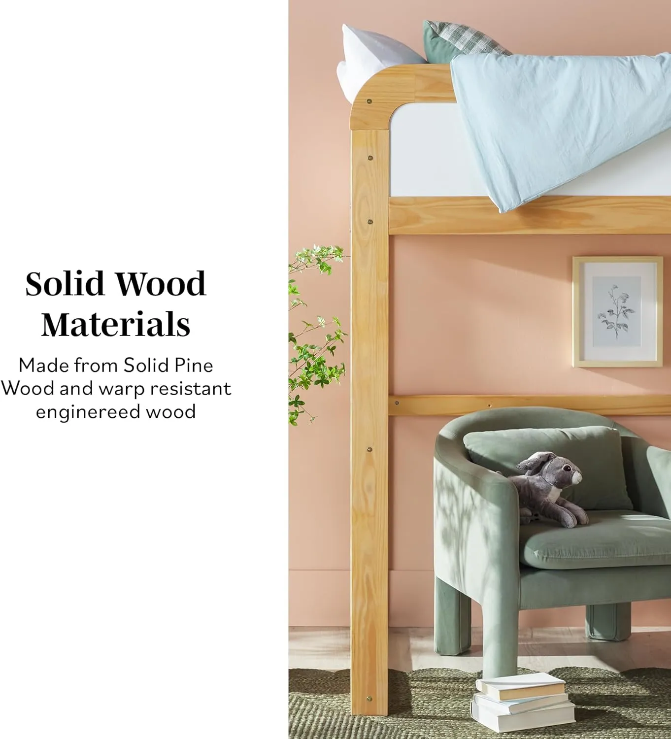 Walker Edison Adyn Kids Twin Solid Wood Loft Bed, Built-in Ladder and White Board, No Box Spring Required, Natural Pine