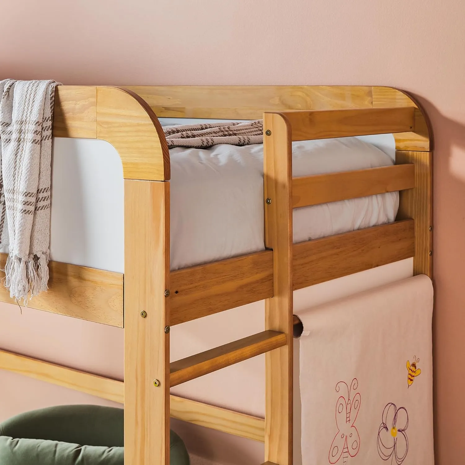 Walker Edison Adyn Kids Twin Solid Wood Loft Bed, Built-in Ladder and White Board, No Box Spring Required, Natural Pine