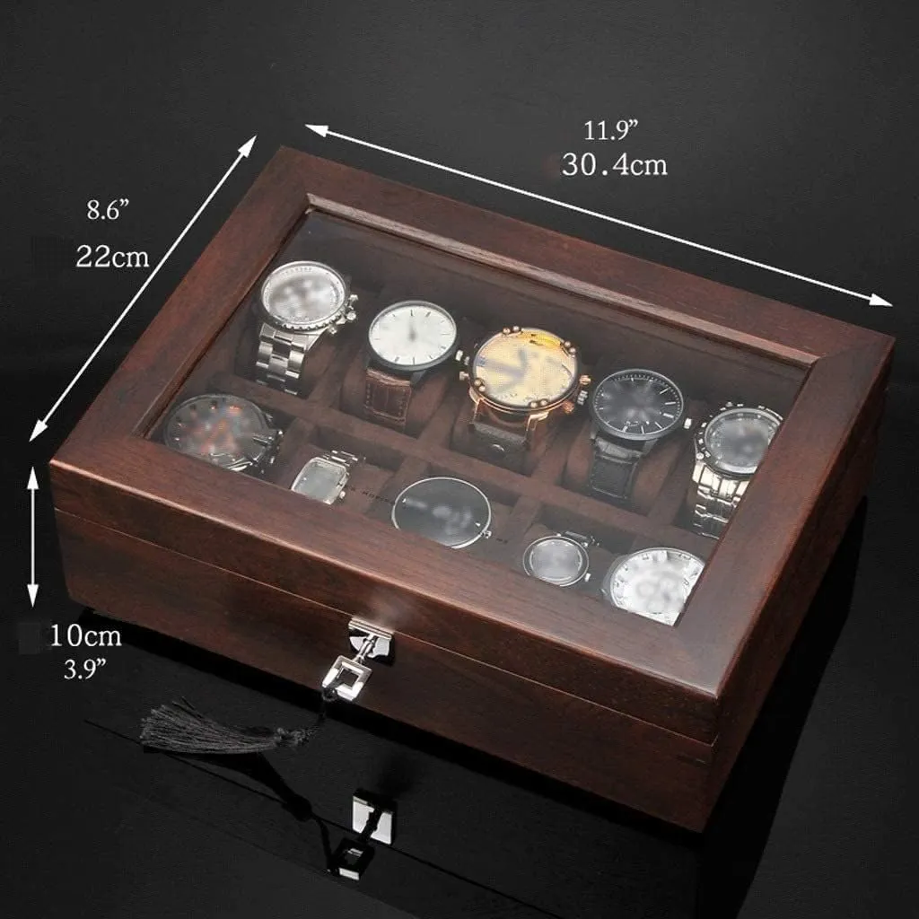 Watch Case Watch Roll Watch Winder Solid Wood Watch Box 10 Slot Wooden Jewelry Box With Key And Glass Top Jewelry Storage Organizer Display Box Watch Box Watch Organizer(Coffee-30.4*22*10cm)