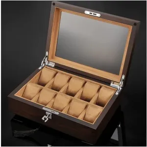 Watch Case Watch Roll Watch Winder Solid Wood Watch Box 10 Slot Wooden Jewelry Box With Key And Glass Top Jewelry Storage Organizer Display Box Watch Box Watch Organizer(Coffee-30.4*22*10cm)