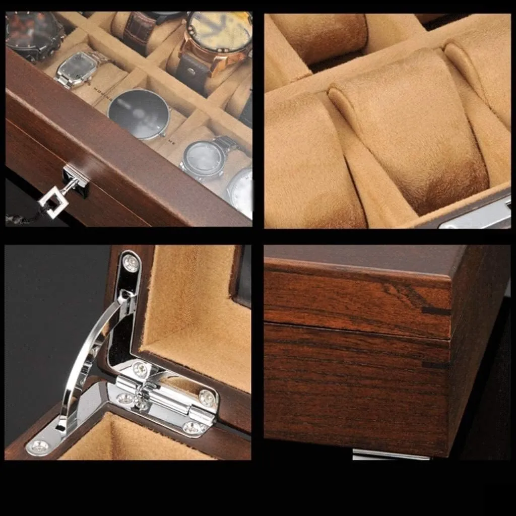 Watch Case Watch Roll Watch Winder Solid Wood Watch Box 10 Slot Wooden Jewelry Box With Key And Glass Top Jewelry Storage Organizer Display Box Watch Box Watch Organizer(Coffee-30.4*22*10cm)