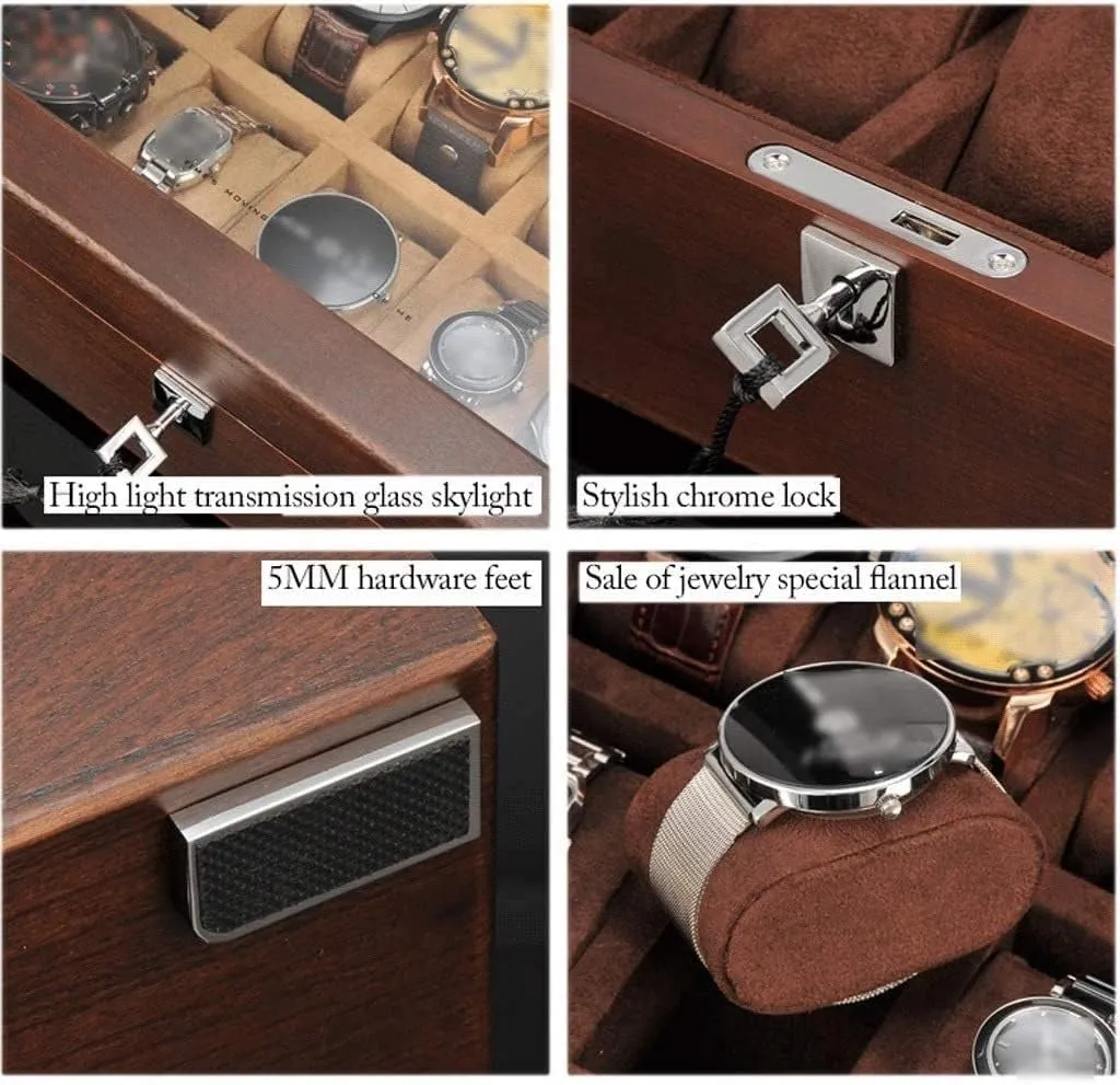Watch Case Watch Roll Watch Winder Solid Wood Watch Box 10 Slot Wooden Jewelry Box With Key And Glass Top Jewelry Storage Organizer Display Box Watch Box Watch Organizer(Coffee-30.4*22*10cm)