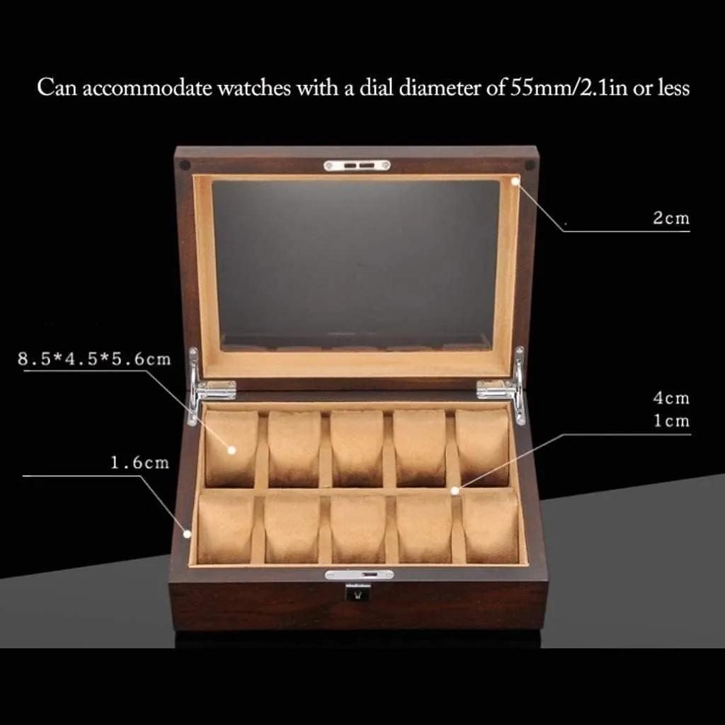 Watch Case Watch Roll Watch Winder Solid Wood Watch Box 10 Slot Wooden Jewelry Box With Key And Glass Top Jewelry Storage Organizer Display Box Watch Box Watch Organizer(Coffee-30.4*22*10cm)