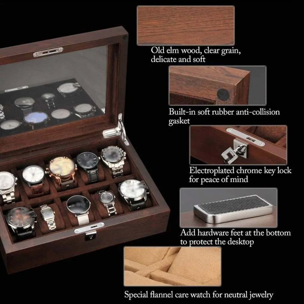 Watch Case Watch Roll Watch Winder Solid Wood Watch Box 10 Slot Wooden Jewelry Box With Key And Glass Top Jewelry Storage Organizer Display Box Watch Box Watch Organizer(Dark Brown-30.4*22*10cm)