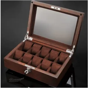 Watch Case Watch Roll Watch Winder Solid Wood Watch Box 10 Slot Wooden Jewelry Box With Key And Glass Top Jewelry Storage Organizer Display Box Watch Box Watch Organizer(Dark Brown-30.4*22*10cm)