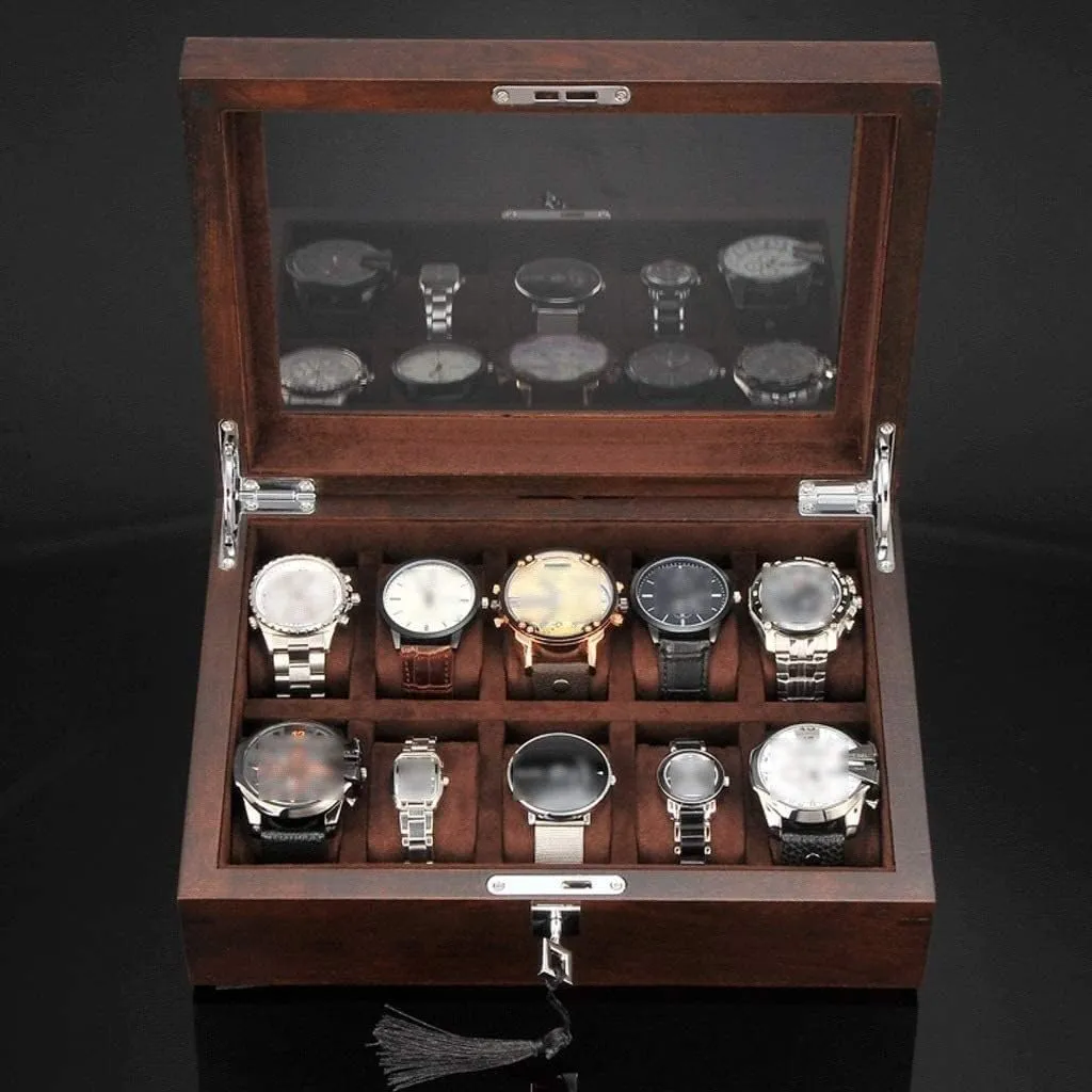Watch Case Watch Roll Watch Winder Solid Wood Watch Box 10 Slot Wooden Jewelry Box With Key And Glass Top Jewelry Storage Organizer Display Box Watch Box Watch Organizer(Dark Brown-30.4*22*10cm)