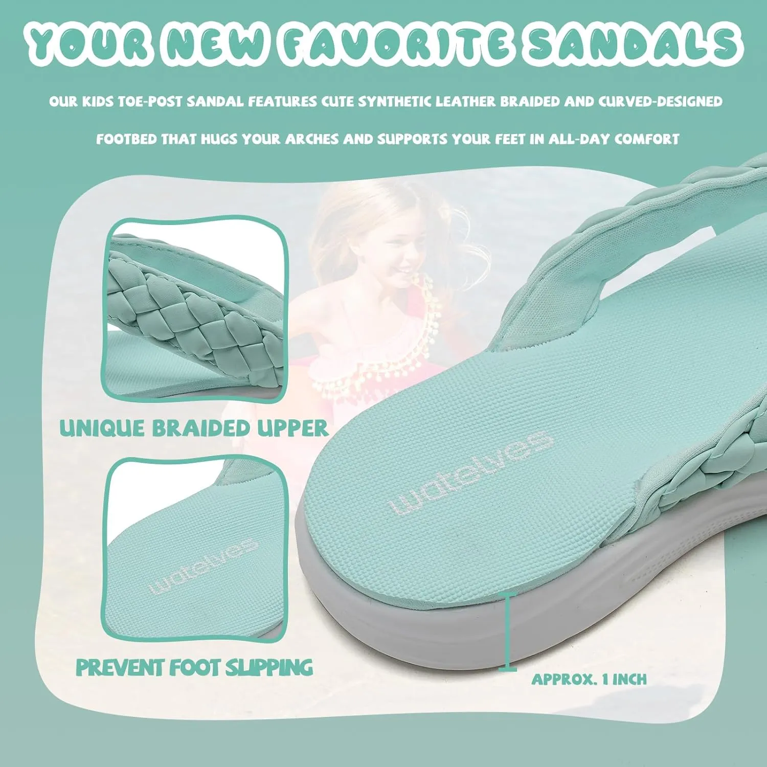 WateLves Girls Flip Flops Non-Slip Casual Thong Sandals Summer Sandal Shoes for Beach Swim Pool (Little Kid/Big Kid)