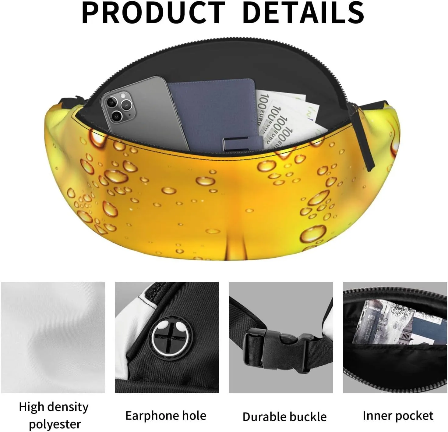Water Beer Droplets Glass Fanny Pack, Crossbody Waist Packs for Women Men Waist Bags with Adjustable Strap for Travel Running Hiking Sport
