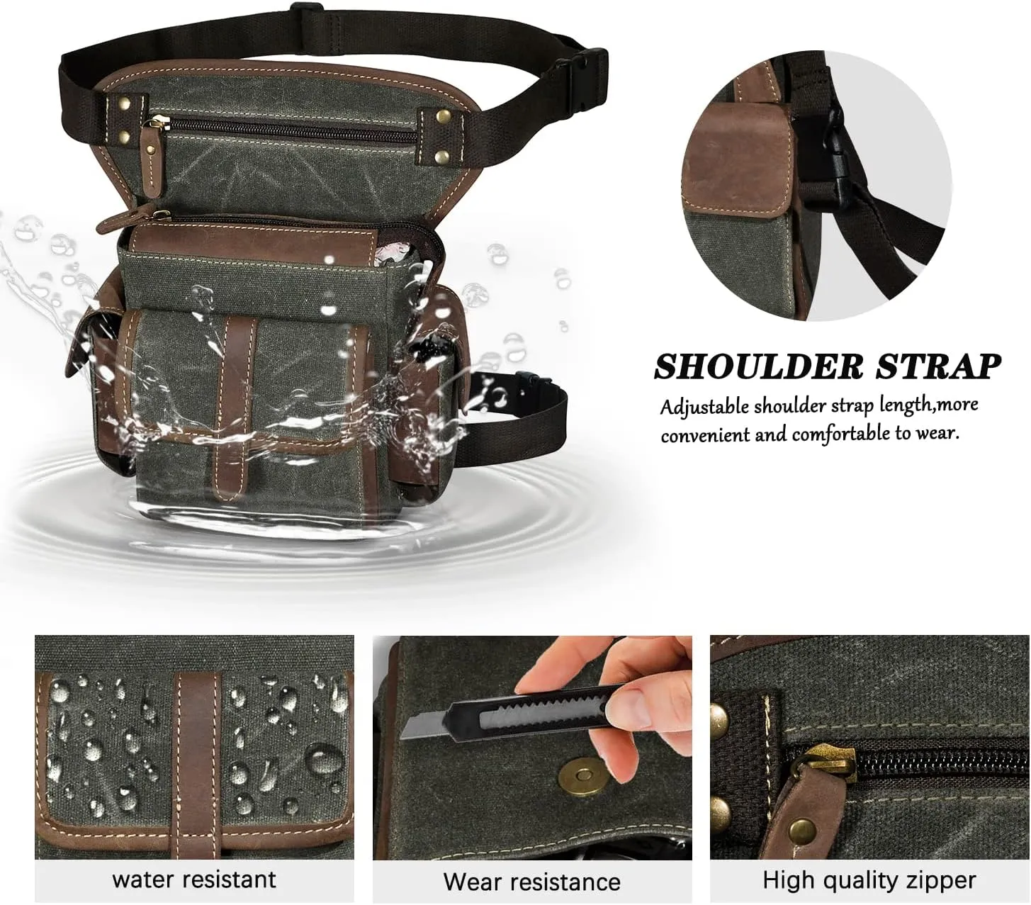 Water Resistant Canvas   Leather Motorcycle Travel Fanny Waist Pack Drop Thigh Leg Bag Pouch For Men Women FB913-5